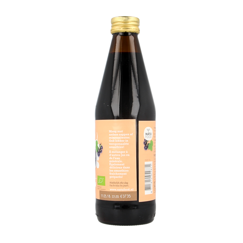Natufood zwarte bessensap in 330ml fles, biologisch en vitaal, natural black currant juice in a clear bottle.