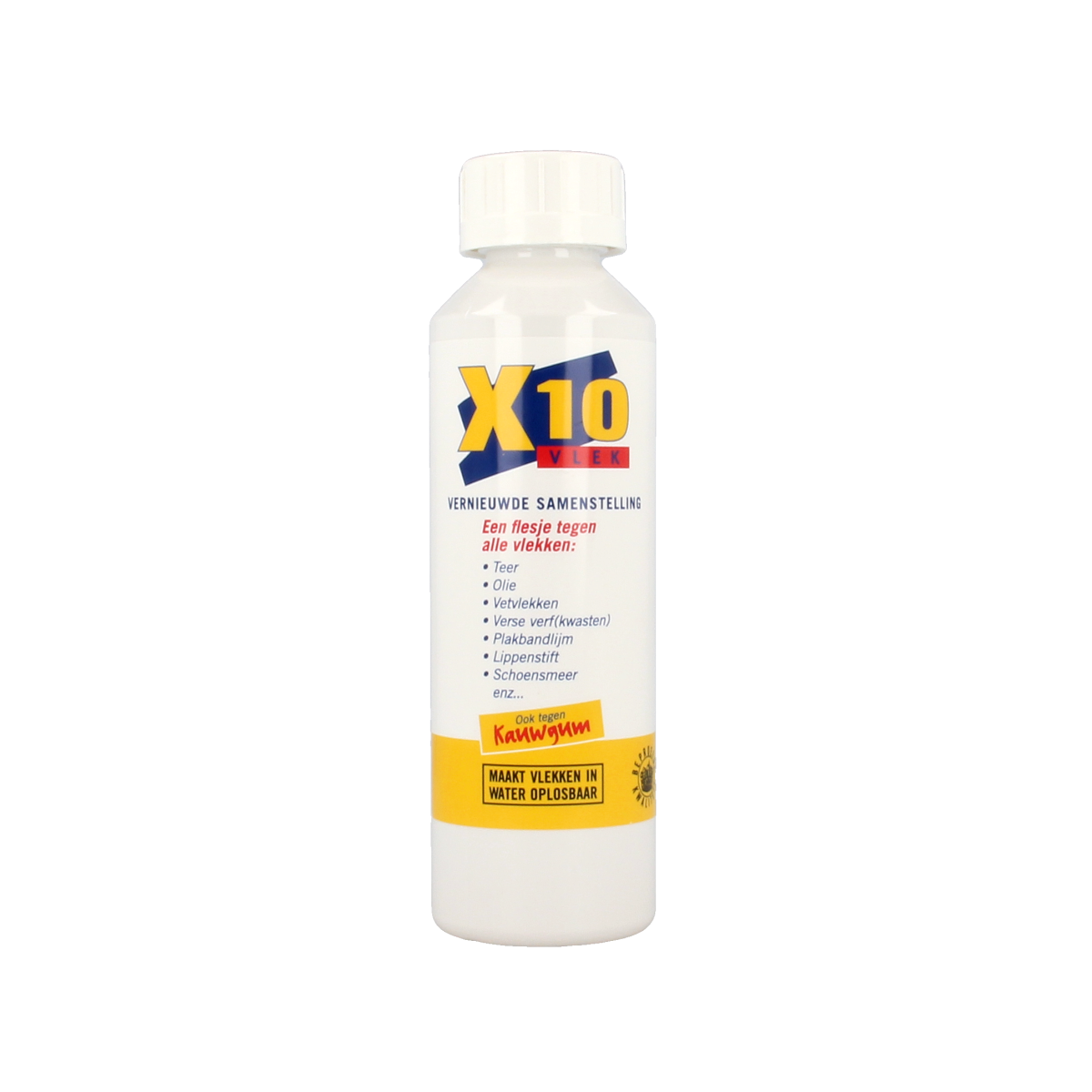 X10 X10 Vlekkenmiddel 250ml in a clear bottle, part of cleaning products, with a white label and blue cap, designed for stain removal.