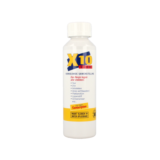 X10 X10 Vlekkenmiddel 250ml in a clear bottle, part of cleaning products, with a white label and blue cap, designed for stain removal.