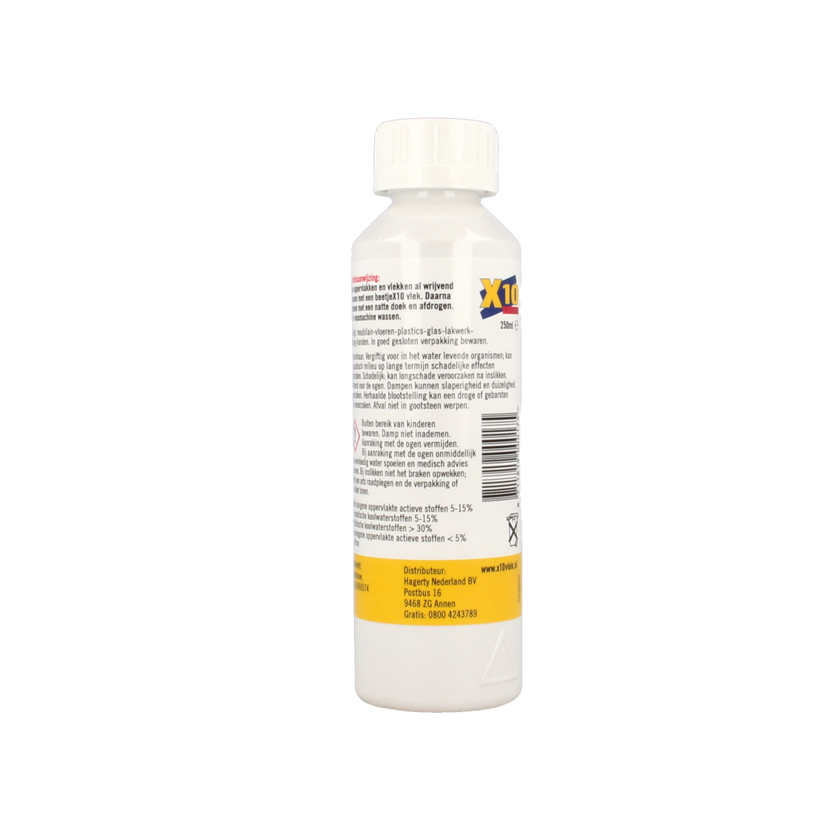 X10 X10 Vlekkenmiddel 250ml bottle of stain remover in a cleaning product image