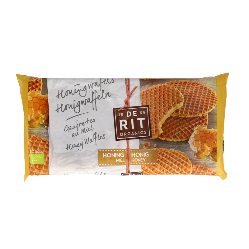 De Rit bio honingwafels, 175g, Belgian-style honey-flavored cookies with a golden-brown appearance