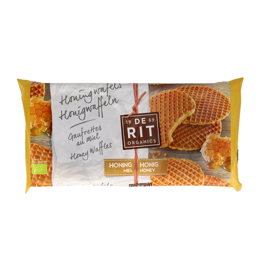 De Rit bio honingwafels, 175g, Belgian-style honey-flavored cookies with a golden-brown appearance