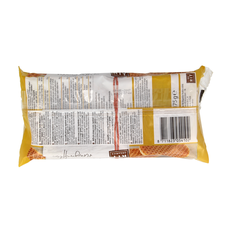 De Rit bio honingwafels, 175g, natural honey-flavored Dutch koeken with golden-brown texture and crisp appearance.