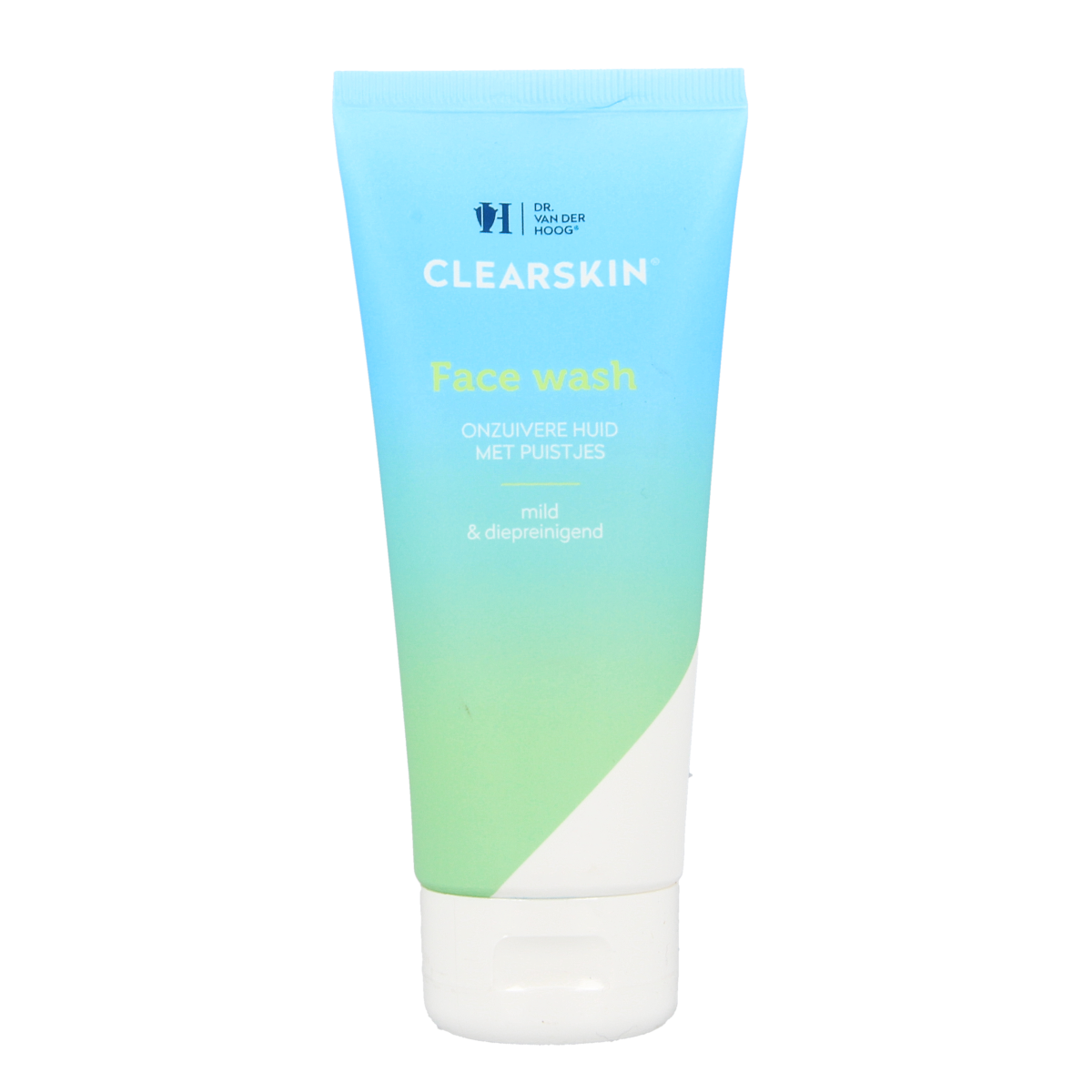 Dr. van der Hoog Clearskin facewash tube, 100ml, for facial skincare with a white and blue packaging design.
