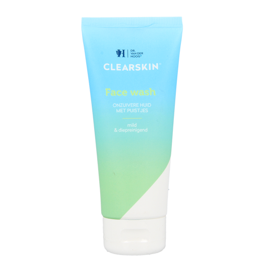 Dr. van der Hoog Clearskin facewash tube, 100ml, for facial skincare with a white and blue packaging design.