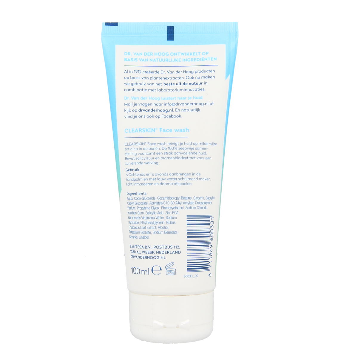 Dr. van der Hoog Clearskin facewash tube 100ml, gentle facial cleanser in white tube with blue accents, designed for clear skin.