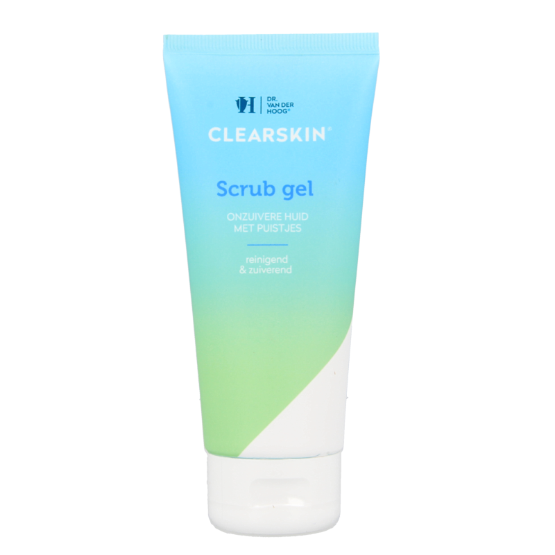 Dr. van der Hoog Clearskin scrub gel tube for facial skincare, 100ml, showing the white tube with blue accents.