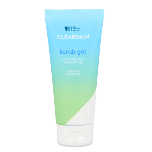 Dr. van der Hoog Clearskin scrub gel tube for facial skincare, 100ml, showing the white tube with blue accents.