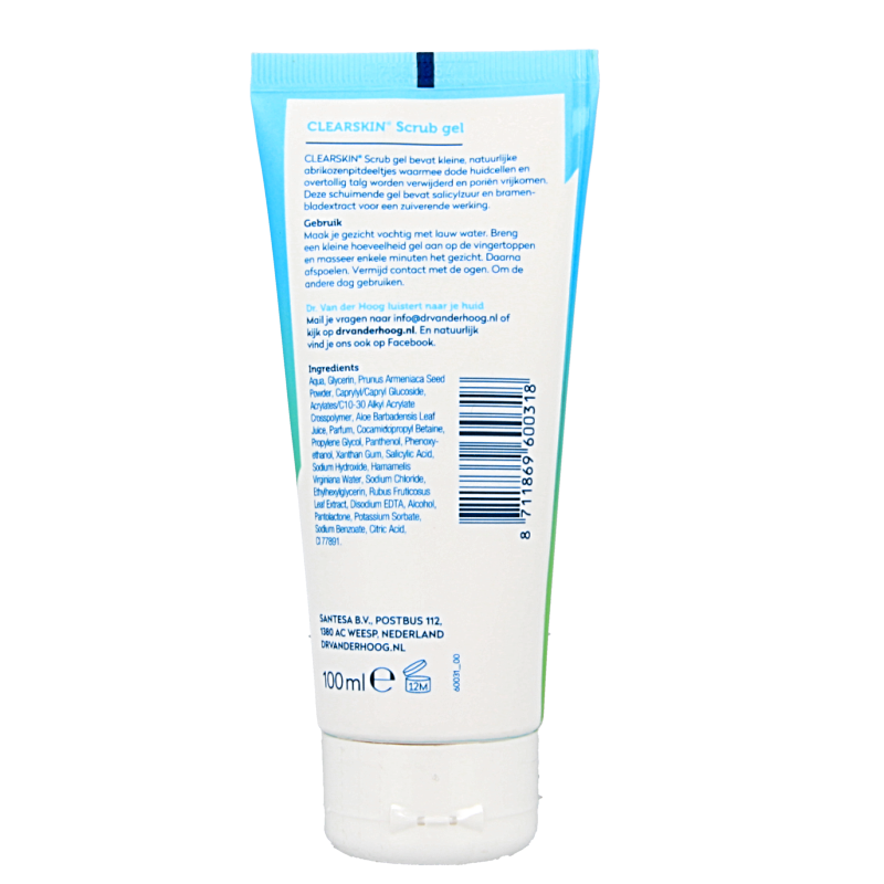 Dr. van der Hoog Clearskin scrub gel tube, 100ml, facial skincare product with a white and green tube featuring product details.