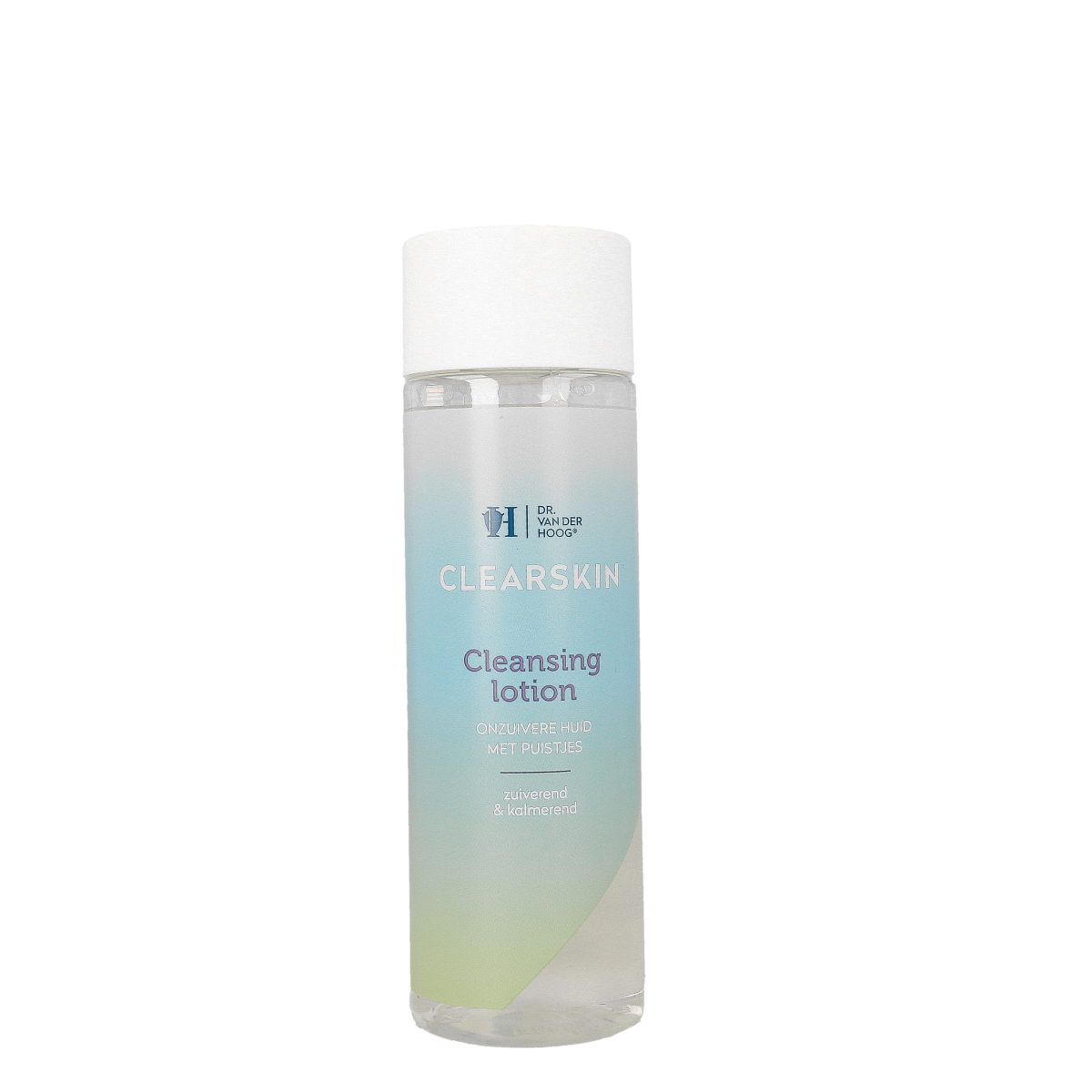 Dr. van der Hoog Clearskin cleansing lotion 200ml bottle, facial skincare product with clear label and pump dispenser.