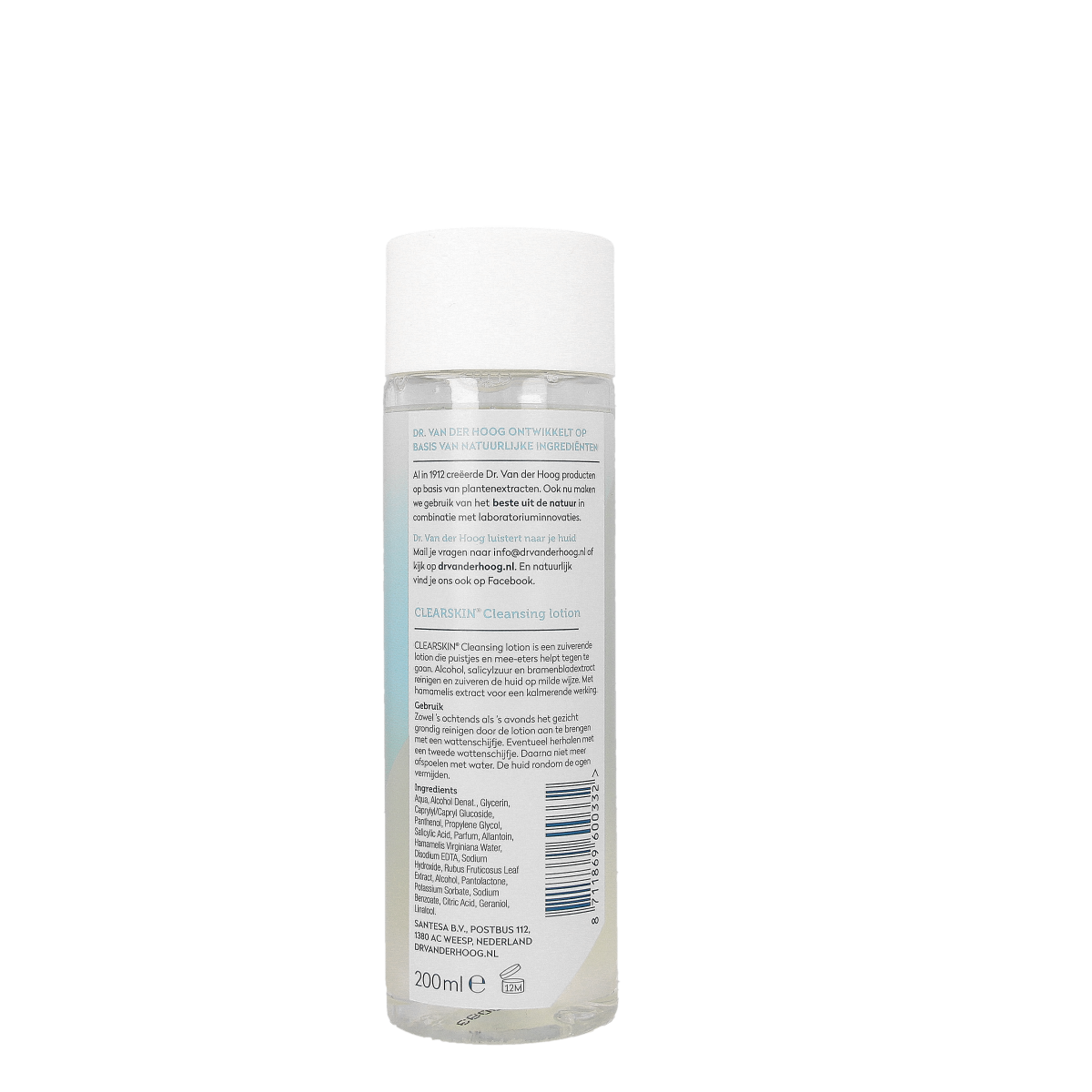 Dr. van der Hoog Clearskin cleansing lotion 200ml for facial skincare, shown in a clear bottle with a white cap.