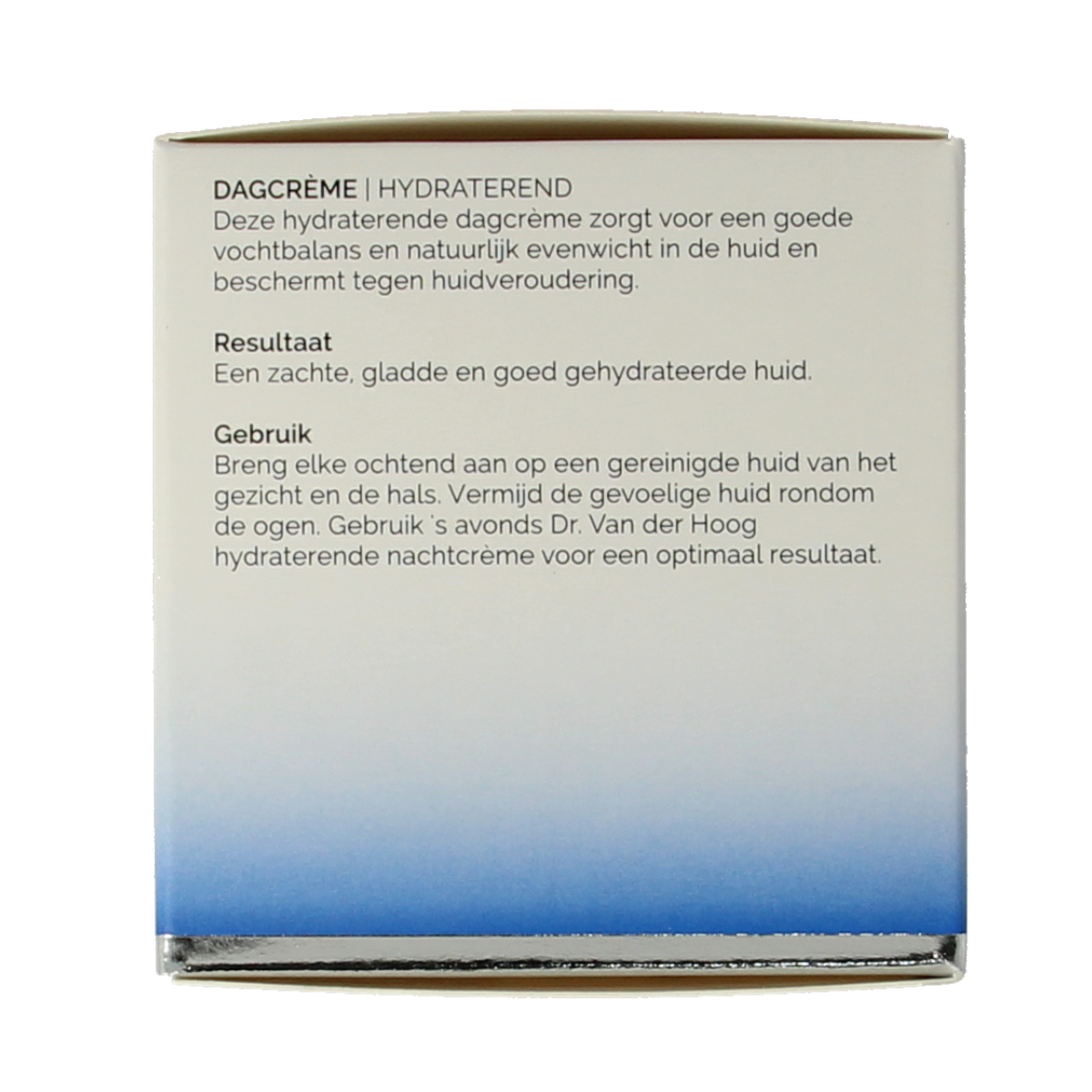 Dr. van der Hoog Hydraterende dagcrème in 50ml container, facial skincare product with a white and blue packaging design.
