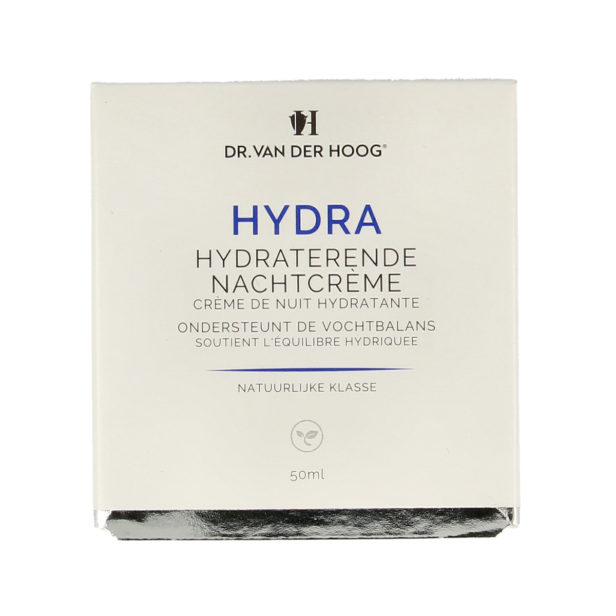 Hydrating Dr. van der Hoog Nachtcreme facial skincare jar in 50ml with creamy texture and white packaging.
