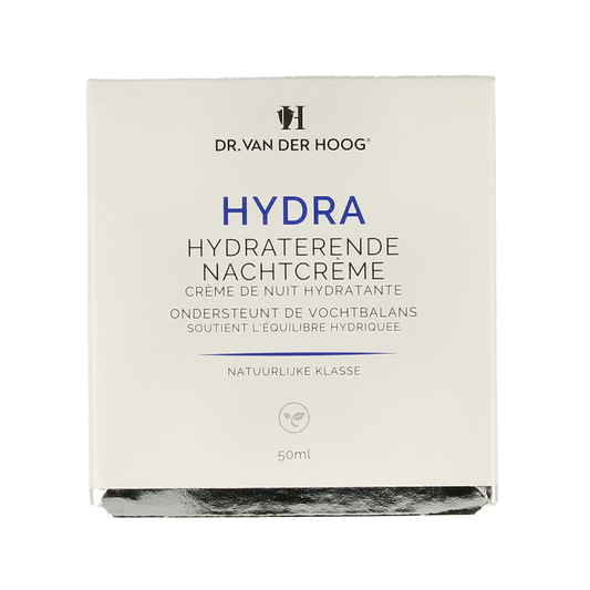 Hydrating Dr. van der Hoog Nachtcreme facial skincare jar in 50ml with creamy texture and white packaging.