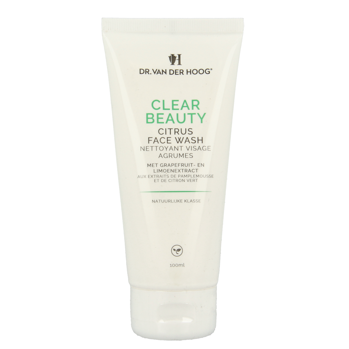 Dr. van der Hoog Clear Citrus Facewash 100ml bottle with clear liquid and citrus fragrance, designed for facial skincare.