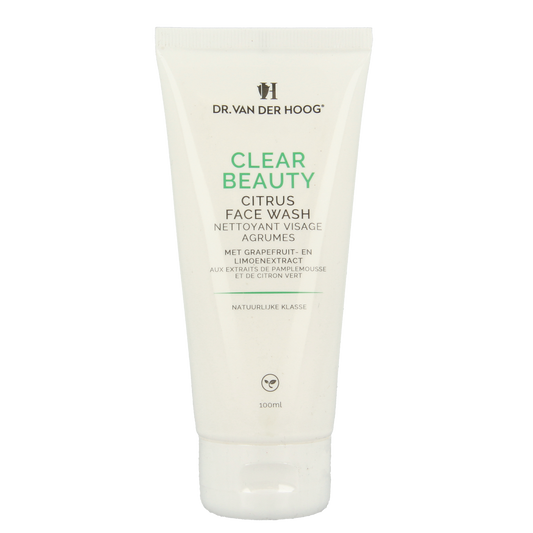 Dr. van der Hoog Clear Citrus Facewash 100ml bottle with clear liquid and citrus fragrance, designed for facial skincare.