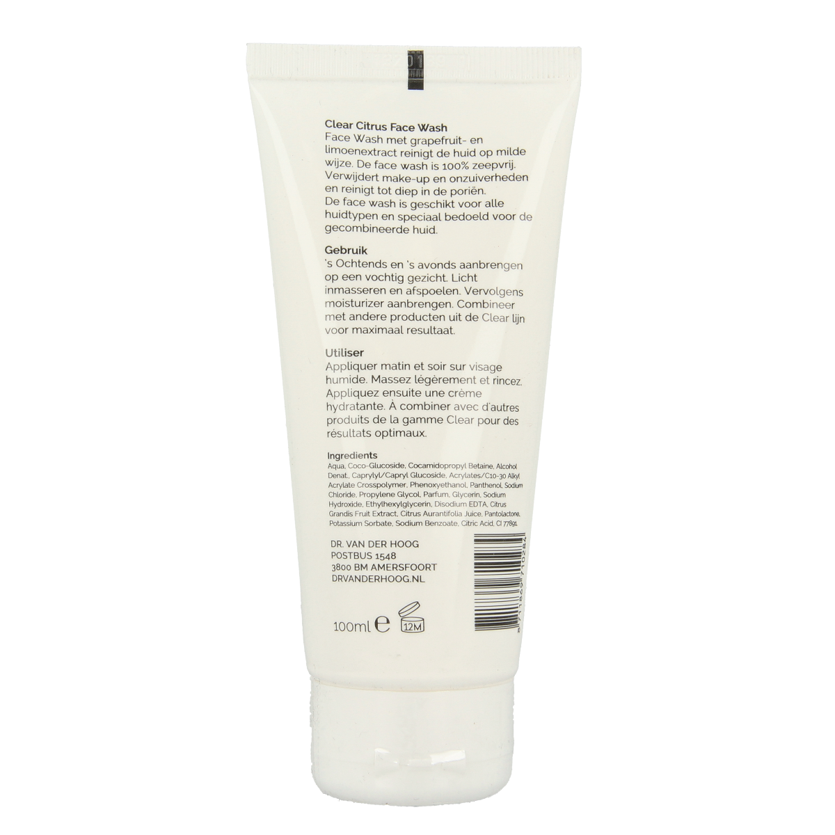 Dr. van der Hoog Clear Citrus Facewash in 100ml bottle, featuring bright citrus scent and moisturizing facial cleansing for healthy skin.