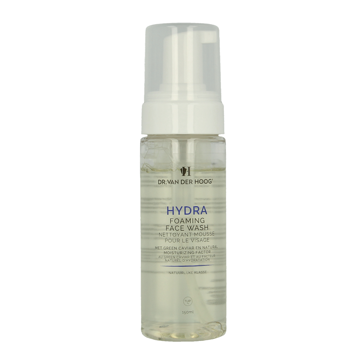 Dr. van der Hoog Hydraterende foaming facewash in 150ml bottle, shown with foam and skincare packaging.