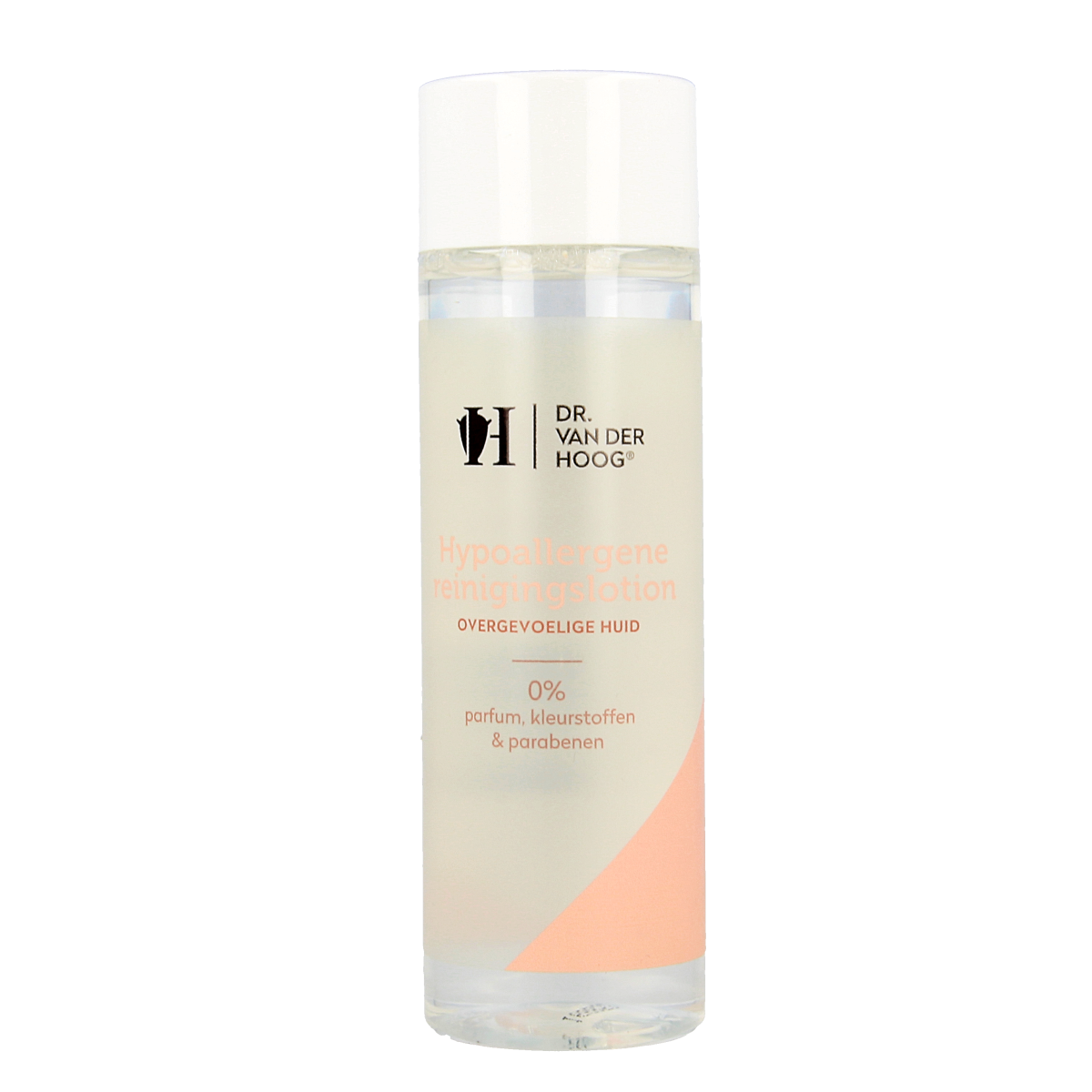 Dr. van der Hoog hypoallergenic facial cleansing lotion 200ml bottle, gentle skincare product with a white and blue label.