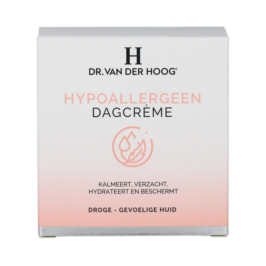 Dr. van der Hoog hypoallergenic day cream in 50ml tube, facial skincare product with gentle, nourishing formula.