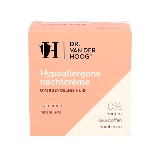 Dr. van der Hoog hypoallergenic night cream in 50ml jar, facial skincare product for gentle overnight hydration.