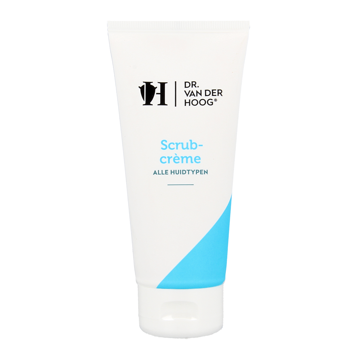 Dr. van der Hoog Scrubcreme tube for facial care, 100ml, with a white tube and blue cap, suitable for exfoliating and cleansing skin.