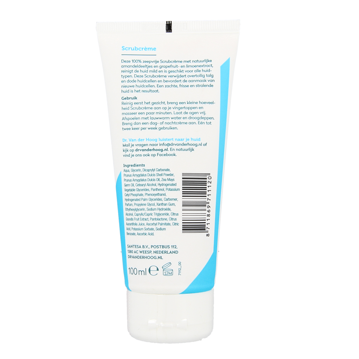 Dr. van der Hoog facial scrub cream tube, 100ml, in a white tube with blue accents, designed for skincare and exfoliation.