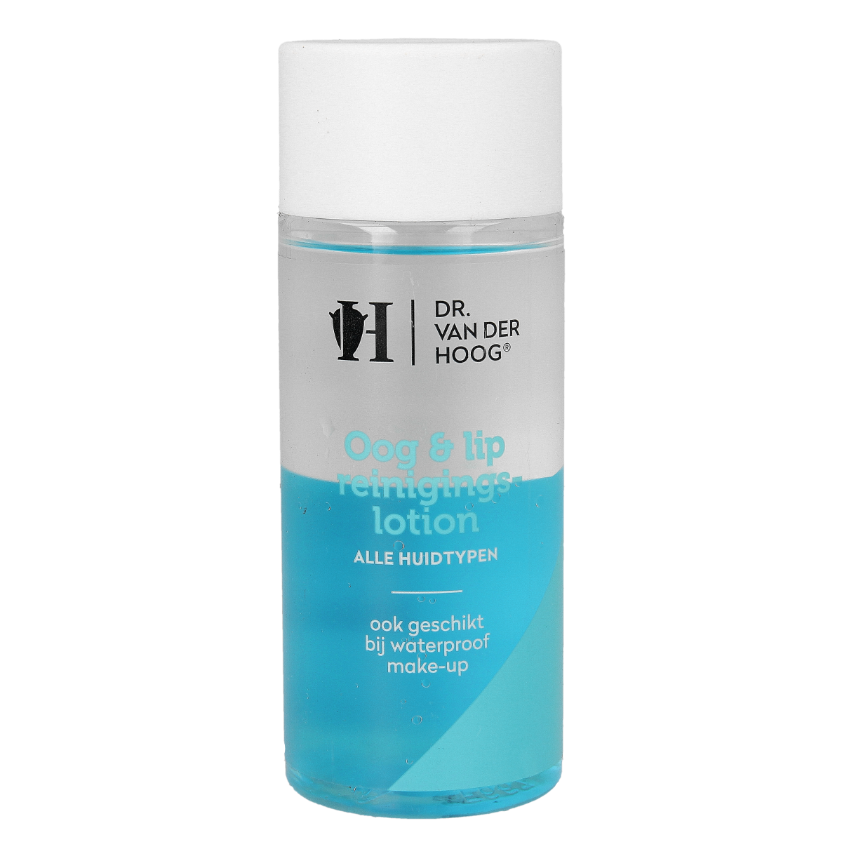 Dr. van der Hoog oog en lip reinigingslotion 2-fasen in 150ml bottle, facial skincare product with dual-phase formula.