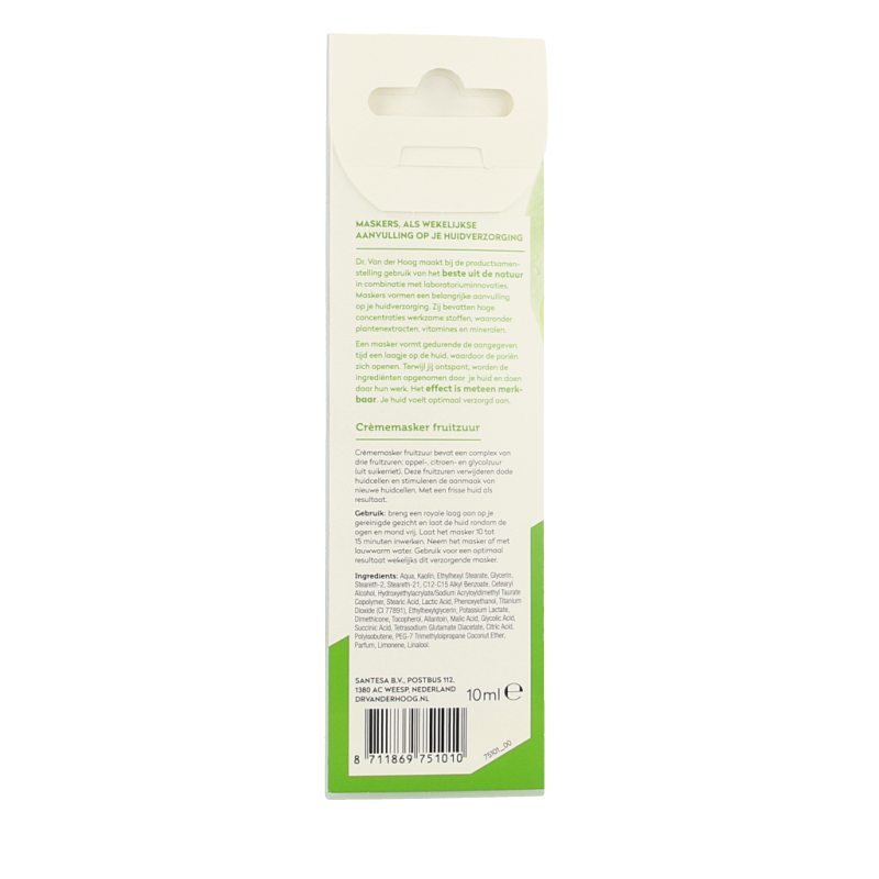 Dr. van der Hoog fruit acid facial care mask in a 10ml tube, ideal for exfoliating and revitalizing the skin.