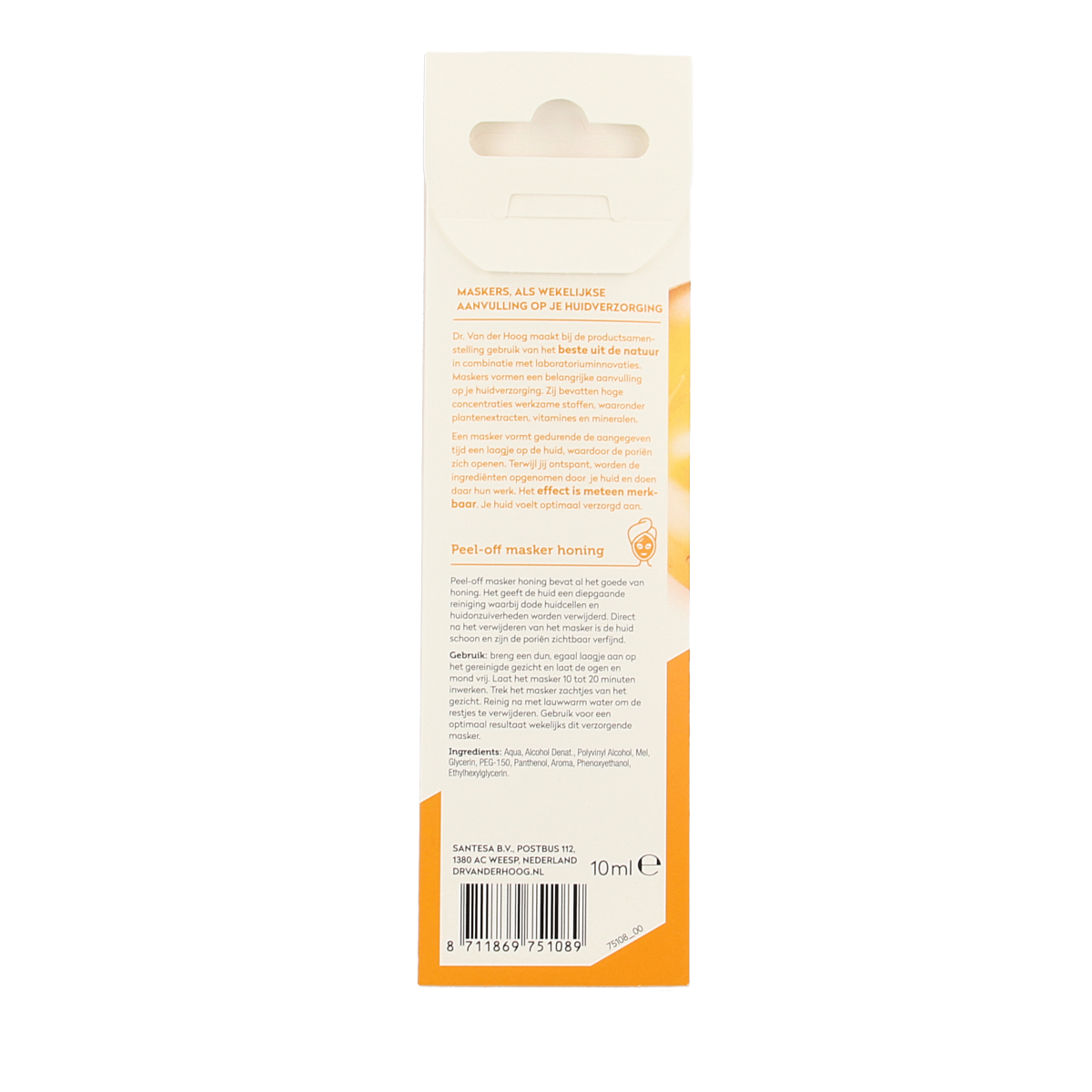 Dr. van der Hoog Peel-off Masker Honing in 10ml tube, close-up of the packaging for facial skincare.