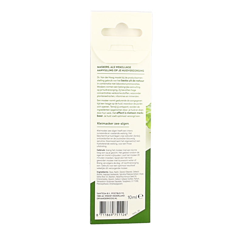 Dr. van der Hoog Kleimasker zee algen, 10ml, facial skincare product with seaweed ingredients in a small tube.