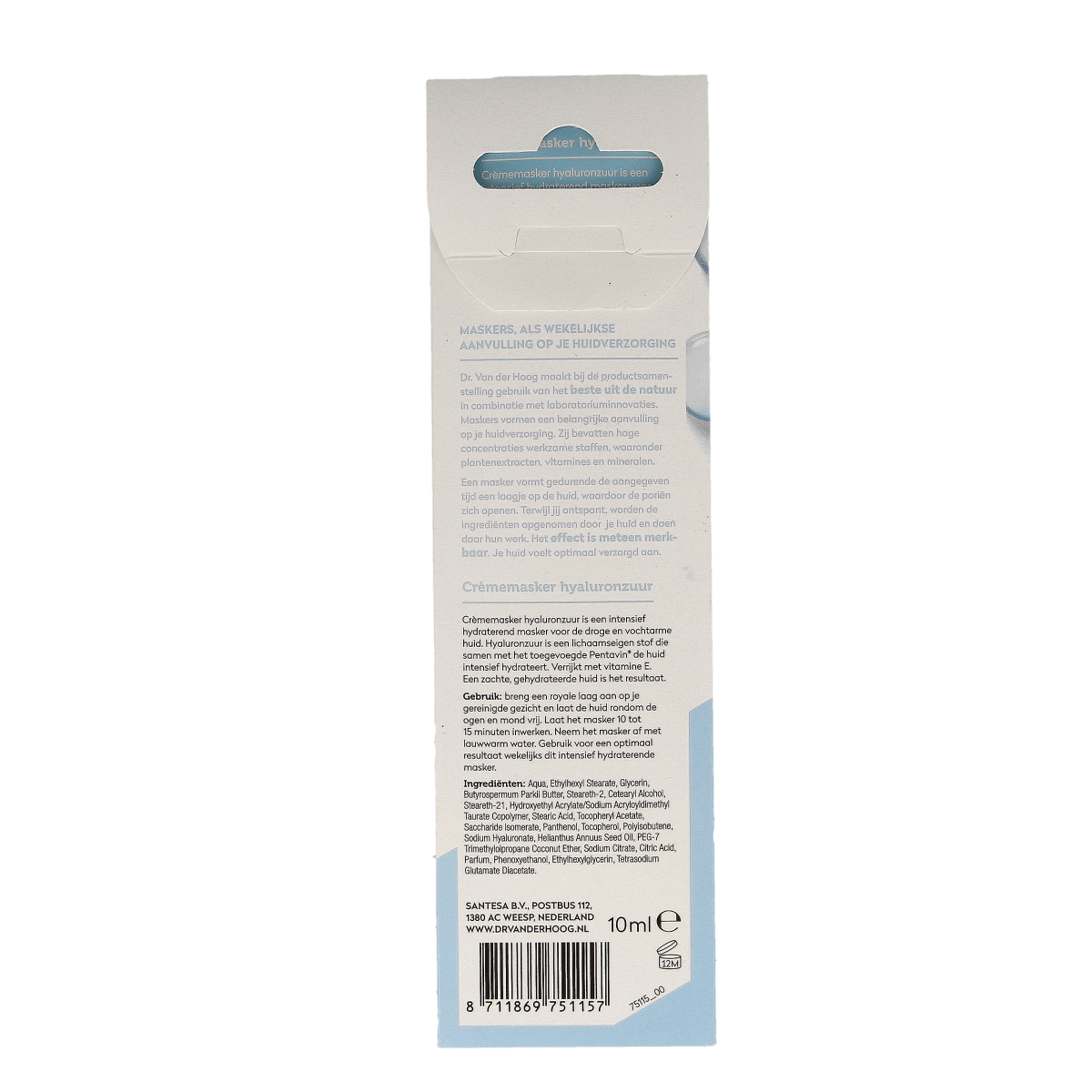 Dr. van der Hoog hyaluron gezichtsmasker in 10ml tube, hydrating skincare product with hyaluronic acid.