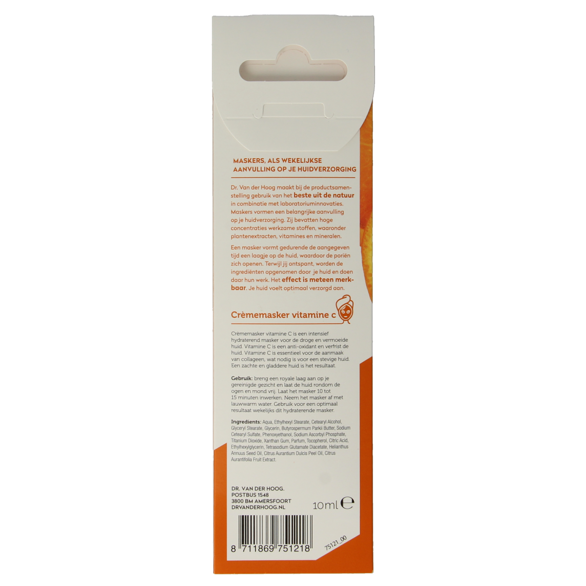 Dr. van der Hoog vitamine C gezichtsmasker in 10ml tube, featuring brightening and nourishing skincare benefits.
