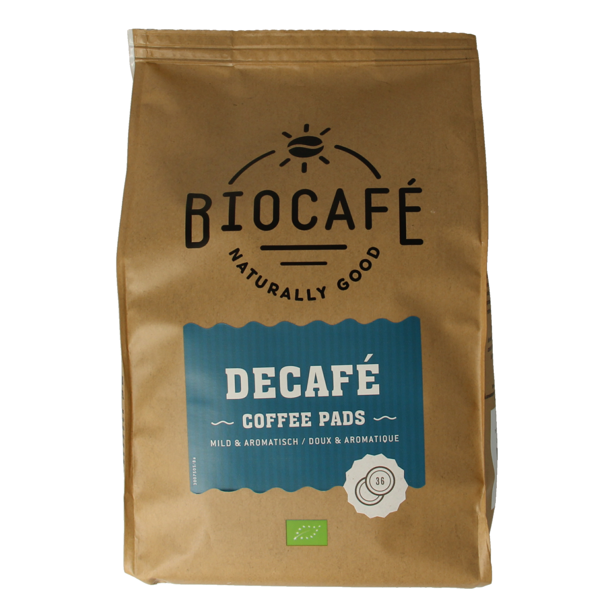 Biocafe caffeine-free organic coffee pads, 36-pack, with coffee grounds visible in the image.