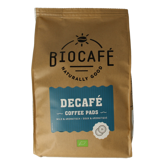 Biocafe caffeine-free organic coffee pads, 36-pack, with coffee grounds visible in the image.