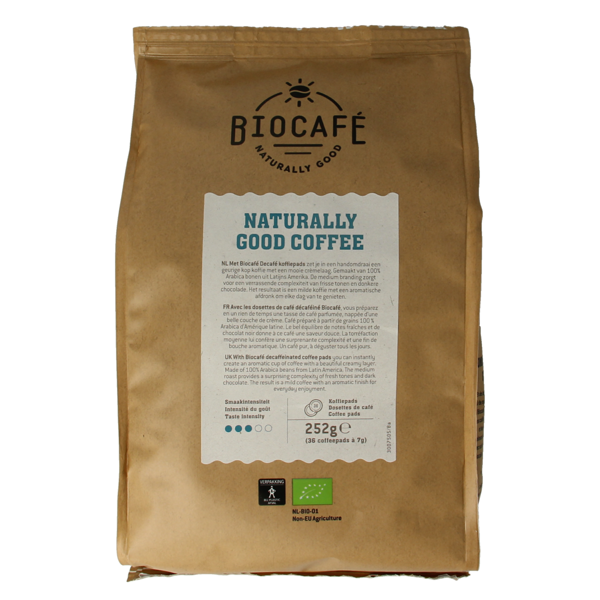 Biocafe caffeine-free organic coffee pads, 36-pack, showing individual coffee pad with branding and packaging details.