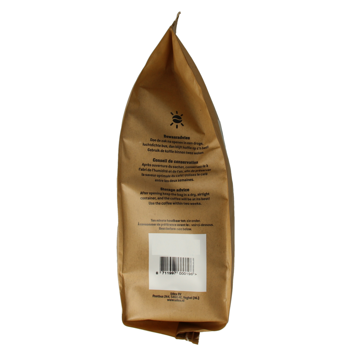 Biocafe caffeine-free organic coffee pads, 36-pack, showing individual coffee pads with branding and packaging details.