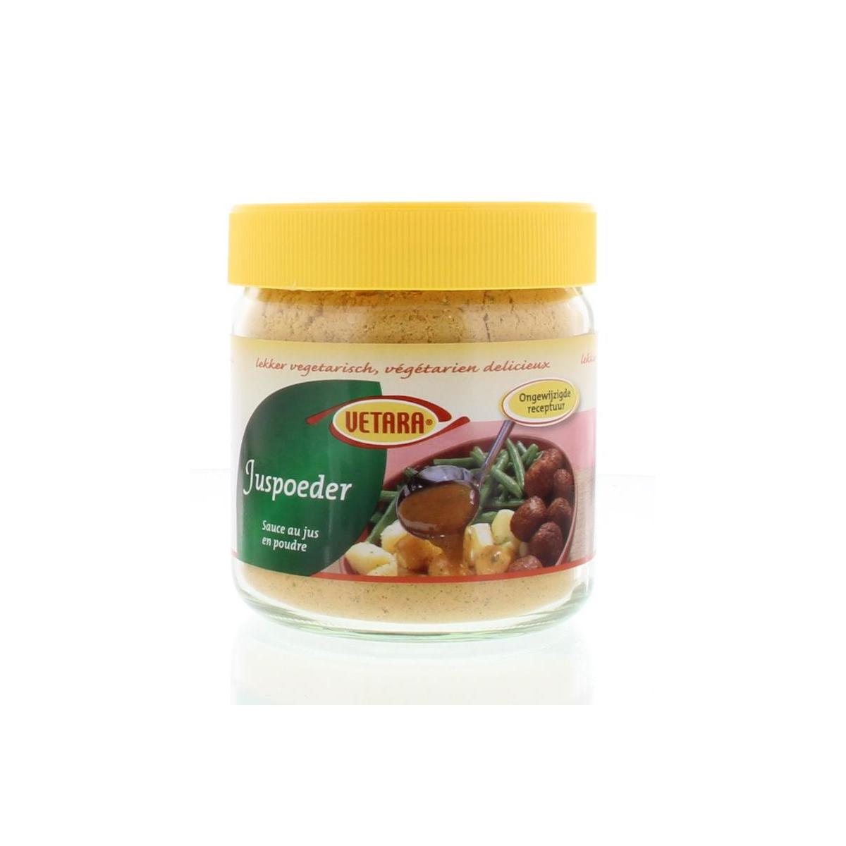 Glass jar of Vetara Juspoeder organic spice mix, 200g, featuring colorful herbs and spices for culinary use.