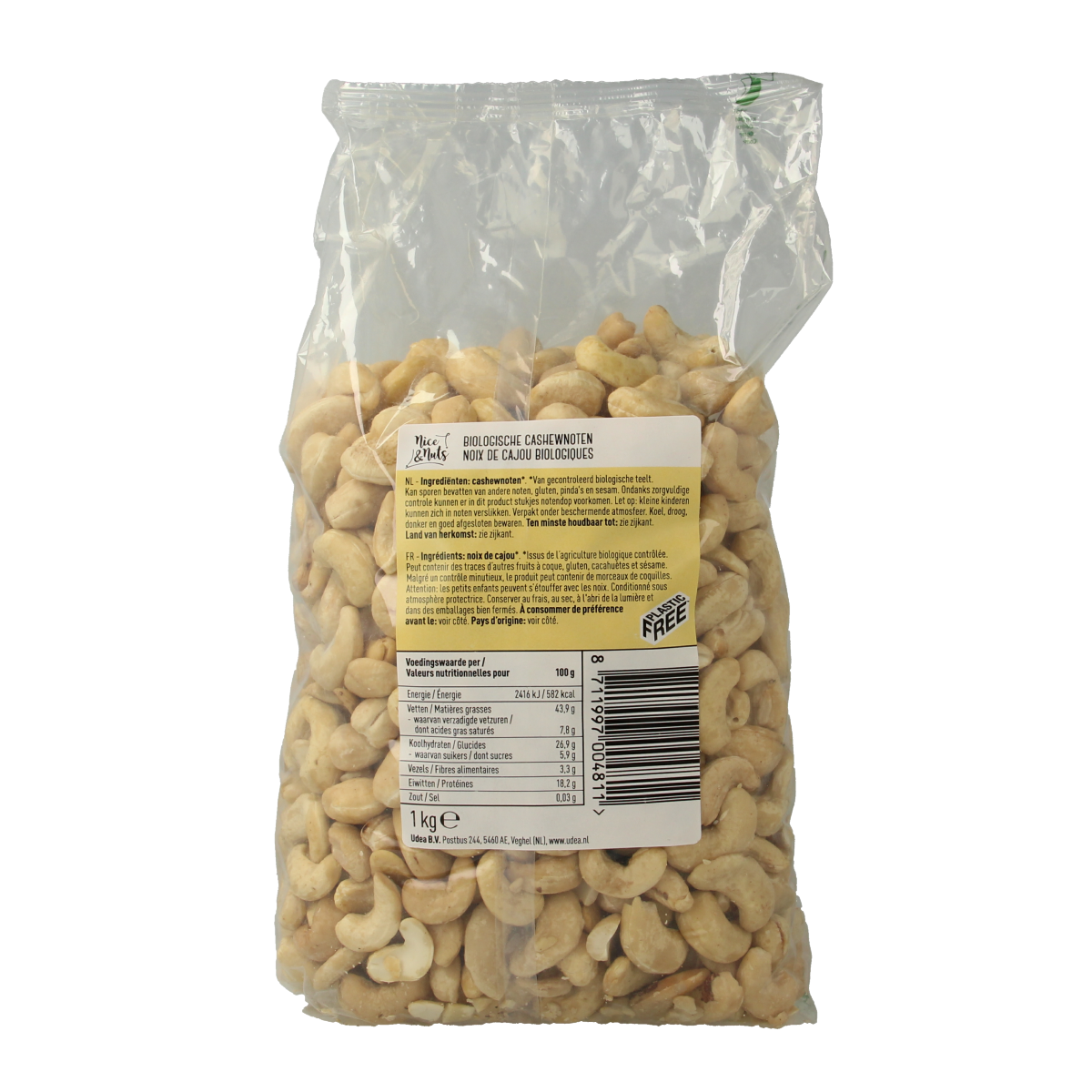 Raw organic cashew nuts from Nice & Nuts, 1 kg, superfoods, natural and unprocessed nuts in a clear package.