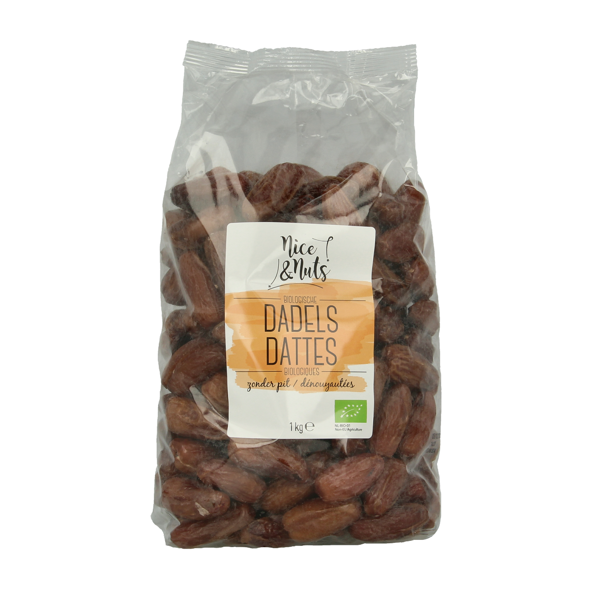 Organic pitted dates from Nice & Nuts, 1 kg bag, healthy snack and snack alternative with natural sweetness.