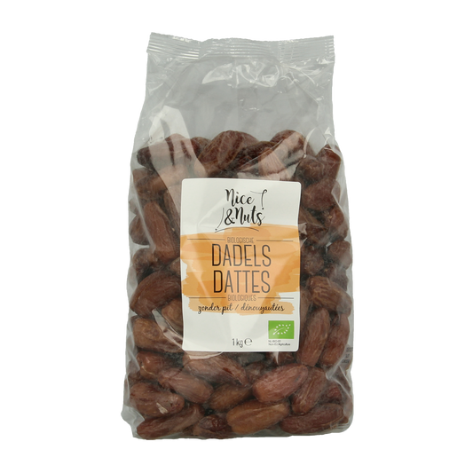 Organic pitted dates from Nice & Nuts, 1 kg bag, healthy snack and snack alternative with natural sweetness.