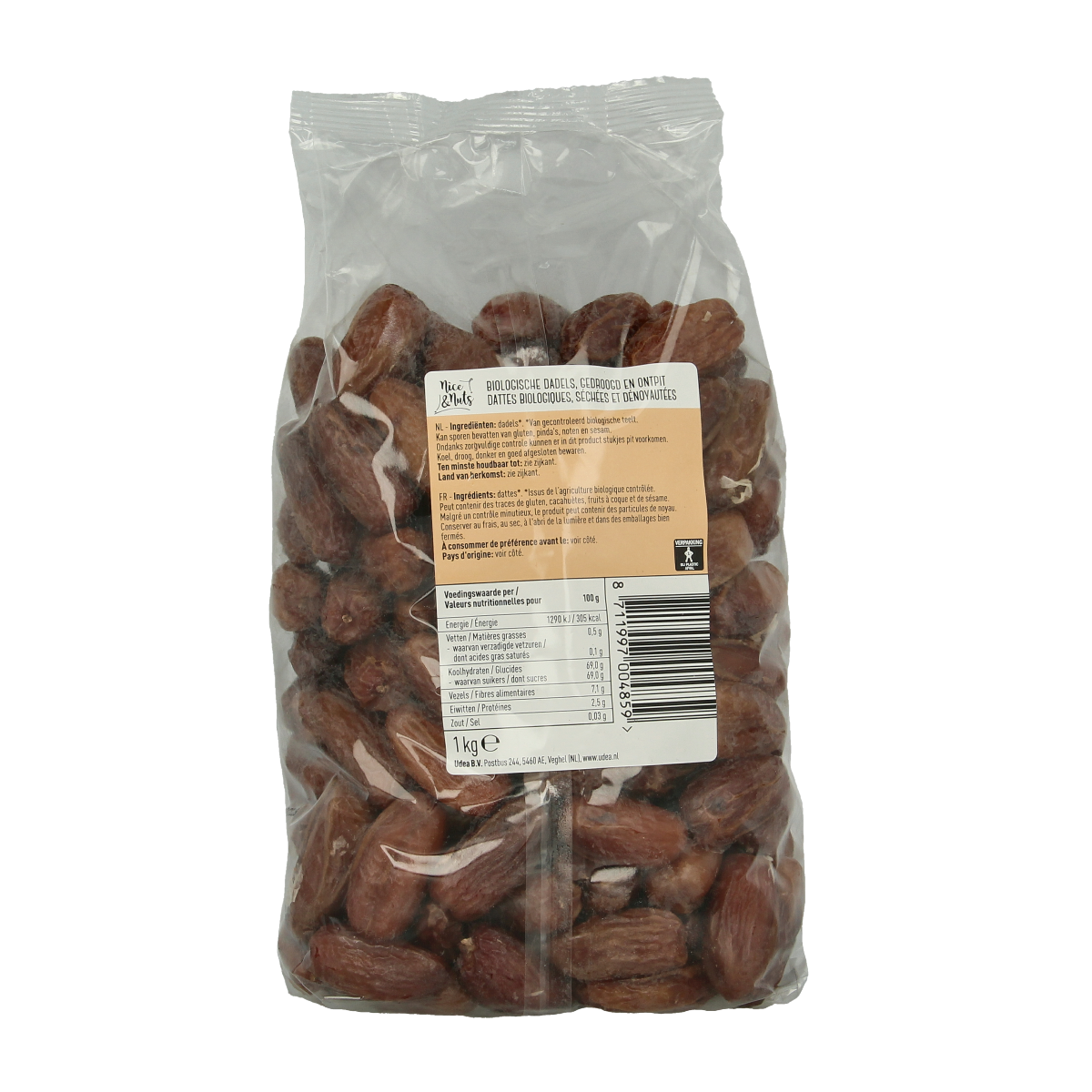 Organic pitted dates from Nice & Nuts, 1kg, healthy snack and nutritious treat in a resealable package.