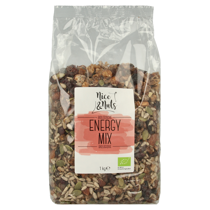 Organic Nice & Nuts Energy Mix snack in a 1kg bag, featuring a variety of nuts and dried fruits for quick energy.