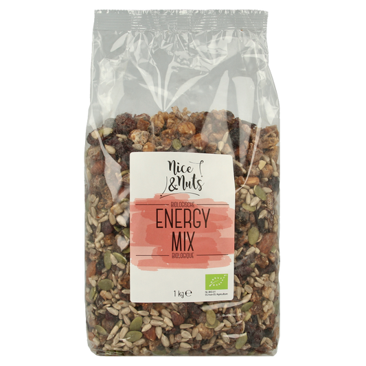 Organic Nice & Nuts Energy Mix snack in a 1kg bag, featuring a variety of nuts and dried fruits for quick energy.