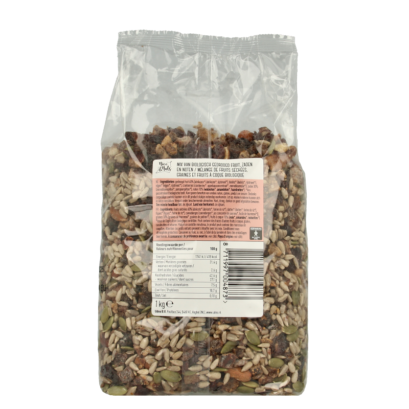 Organic Nice & Nuts energy mix snack in a 1kg bag, featuring a blend of nuts and dried fruits for healthy snacking.