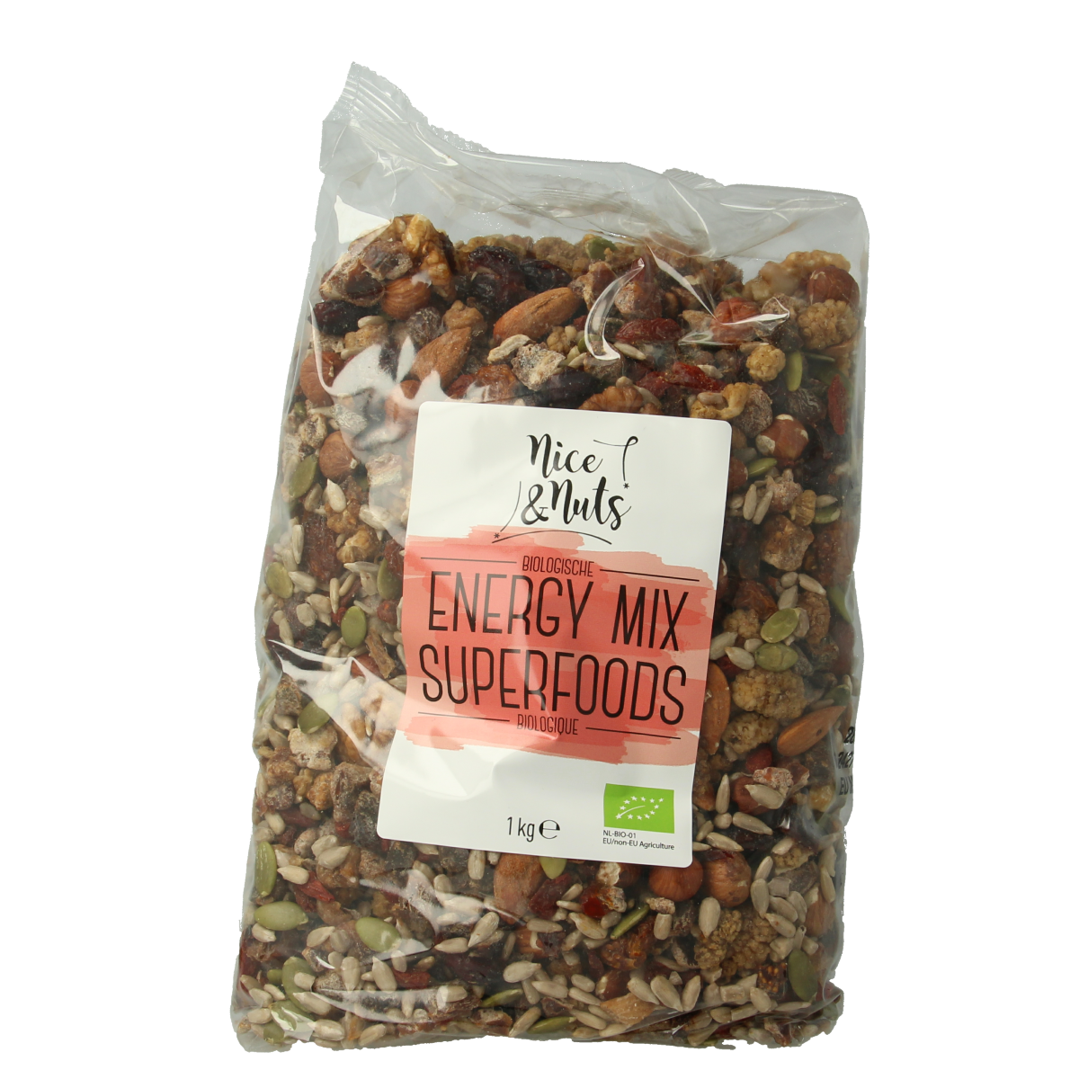 Raw superfood energy mix by Nice & Nuts, organic bio superfood blend in a 1kg package with mixed nuts and dried fruits.