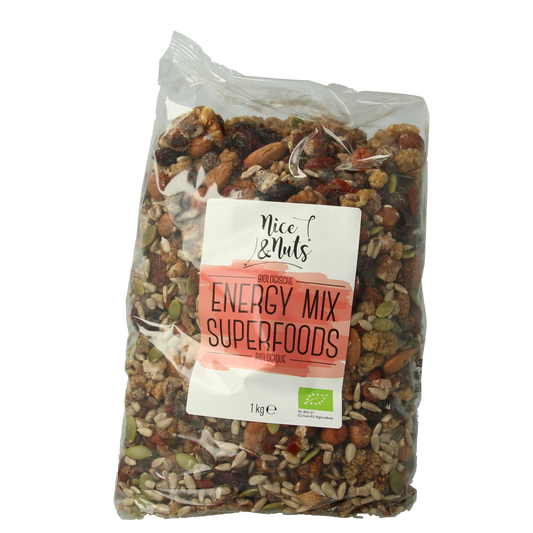 Raw superfood energy mix by Nice & Nuts, organic bio superfood blend in a 1kg package with mixed nuts and dried fruits.