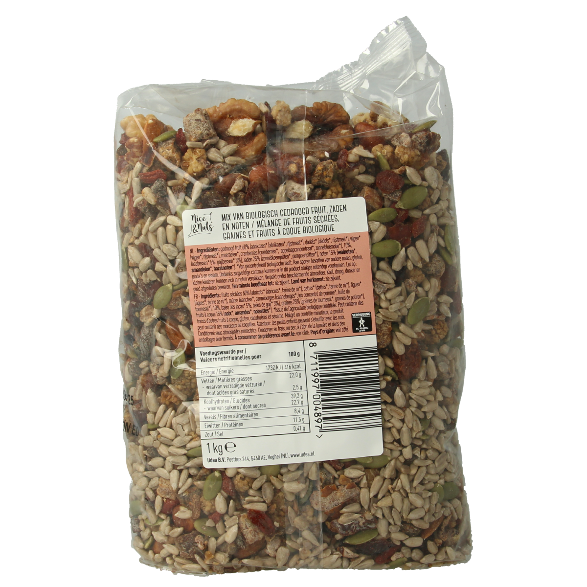 Organic Nice & Nuts Energy Mix superfood in a 1kg package, showcasing a colorful blend of raw superfoods for healthy snacking.