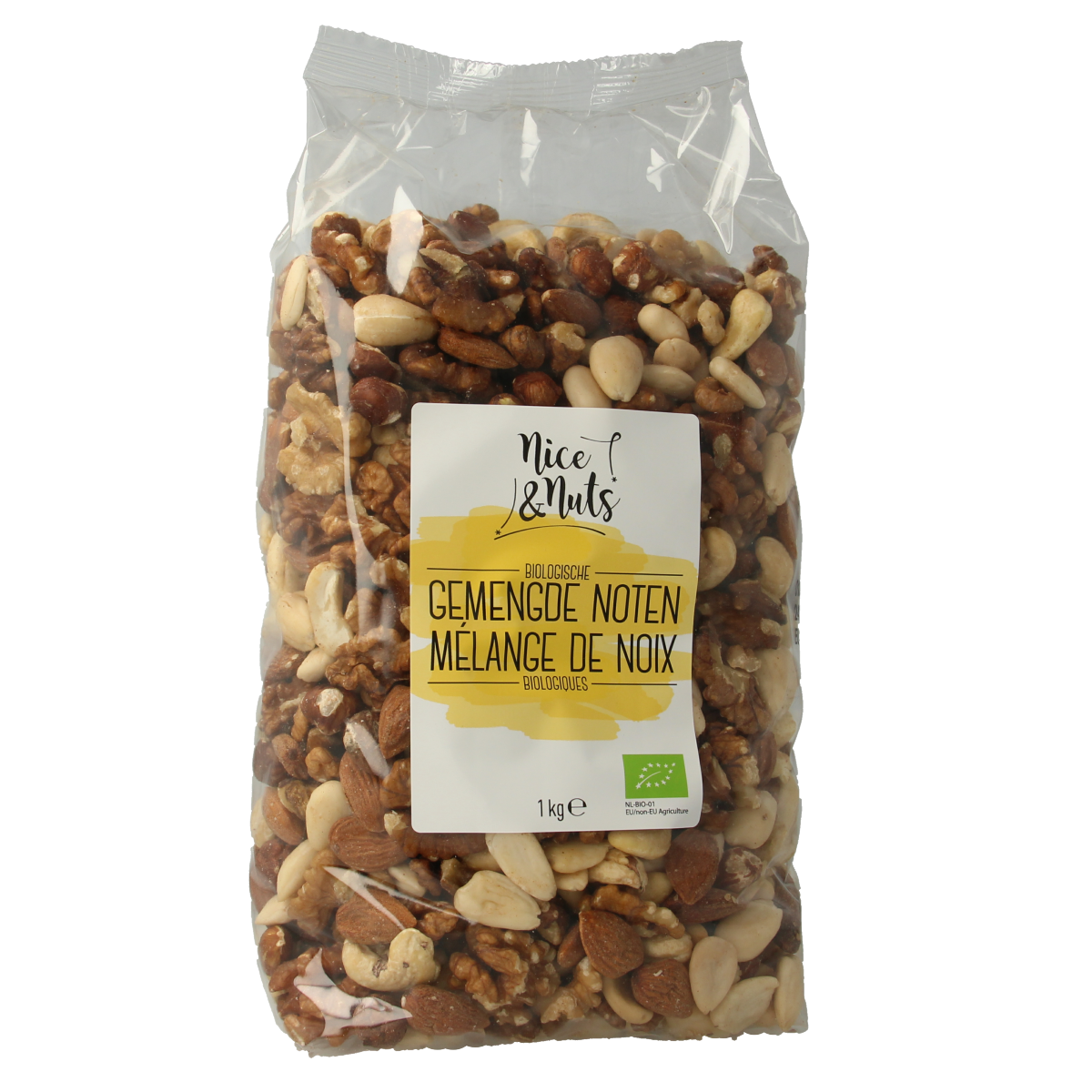 Raw organic mixed nuts by Nice & Nuts in a 1kg package, showcasing a variety of fresh, natural superfoods for healthy snacking.