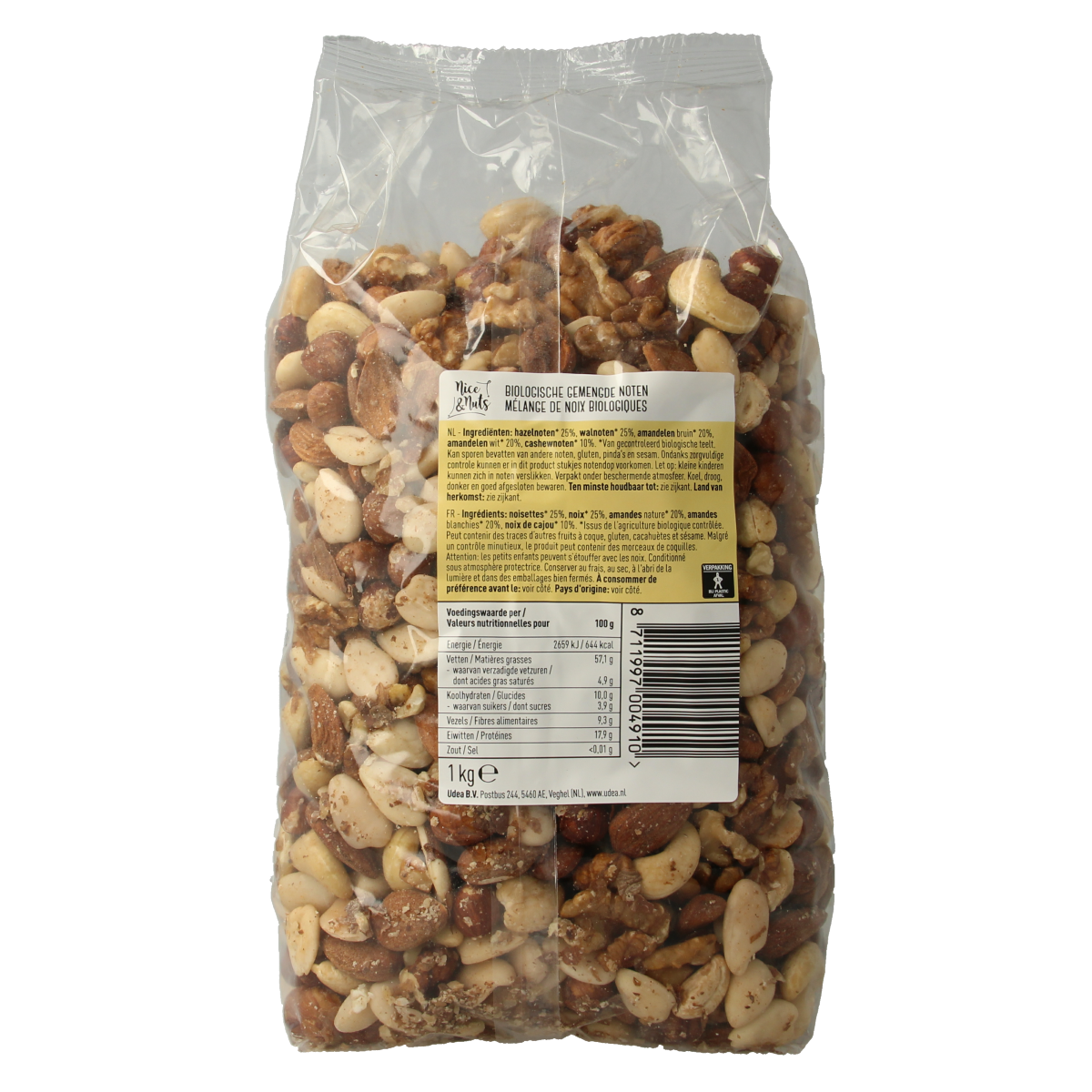 Raw mixed nuts from Nice & Nuts, organic superfoods in a 1kg package, showcasing a variety of raw, healthy nuts.